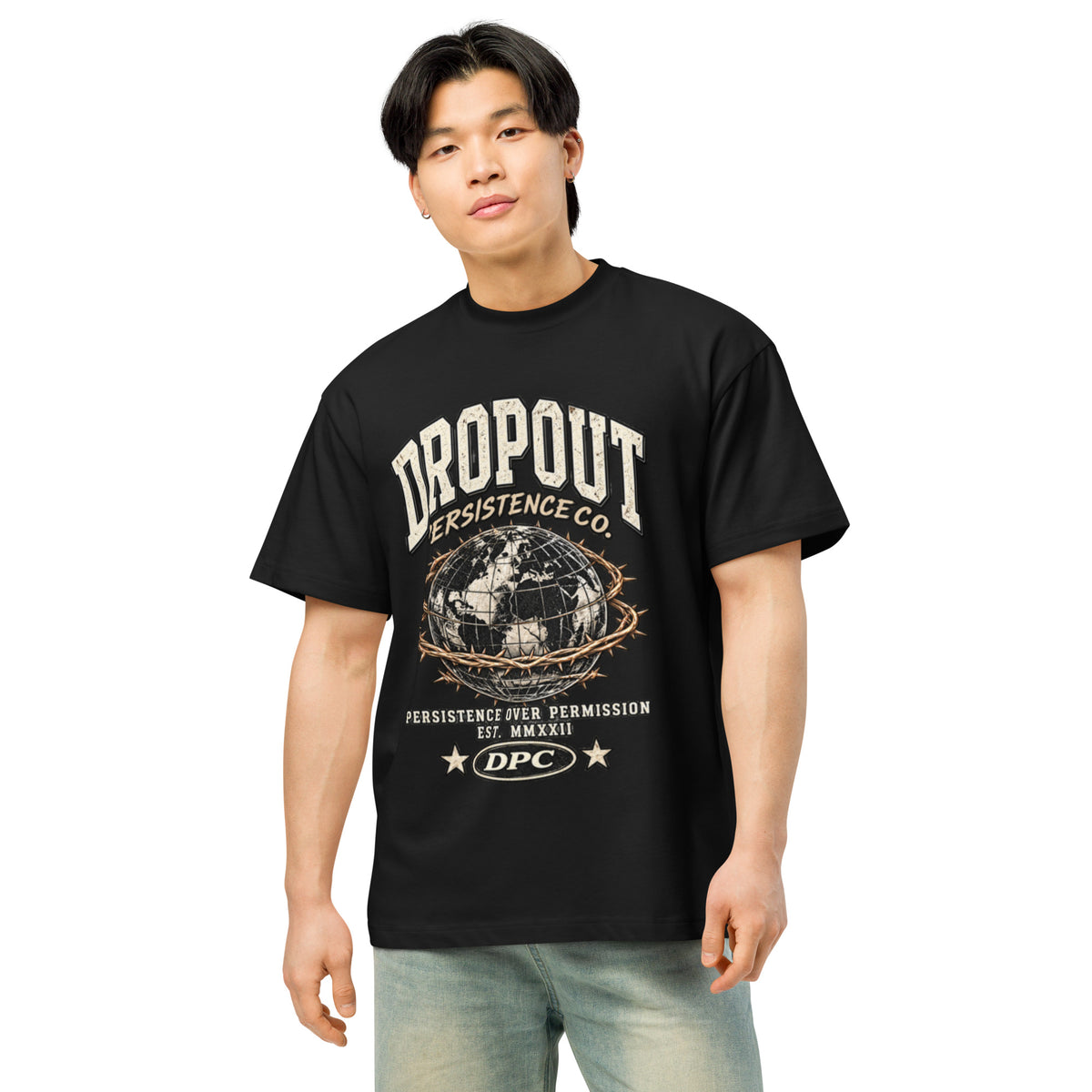 Black DPC Persistence Co. heavyweight oversized tee - front detail view