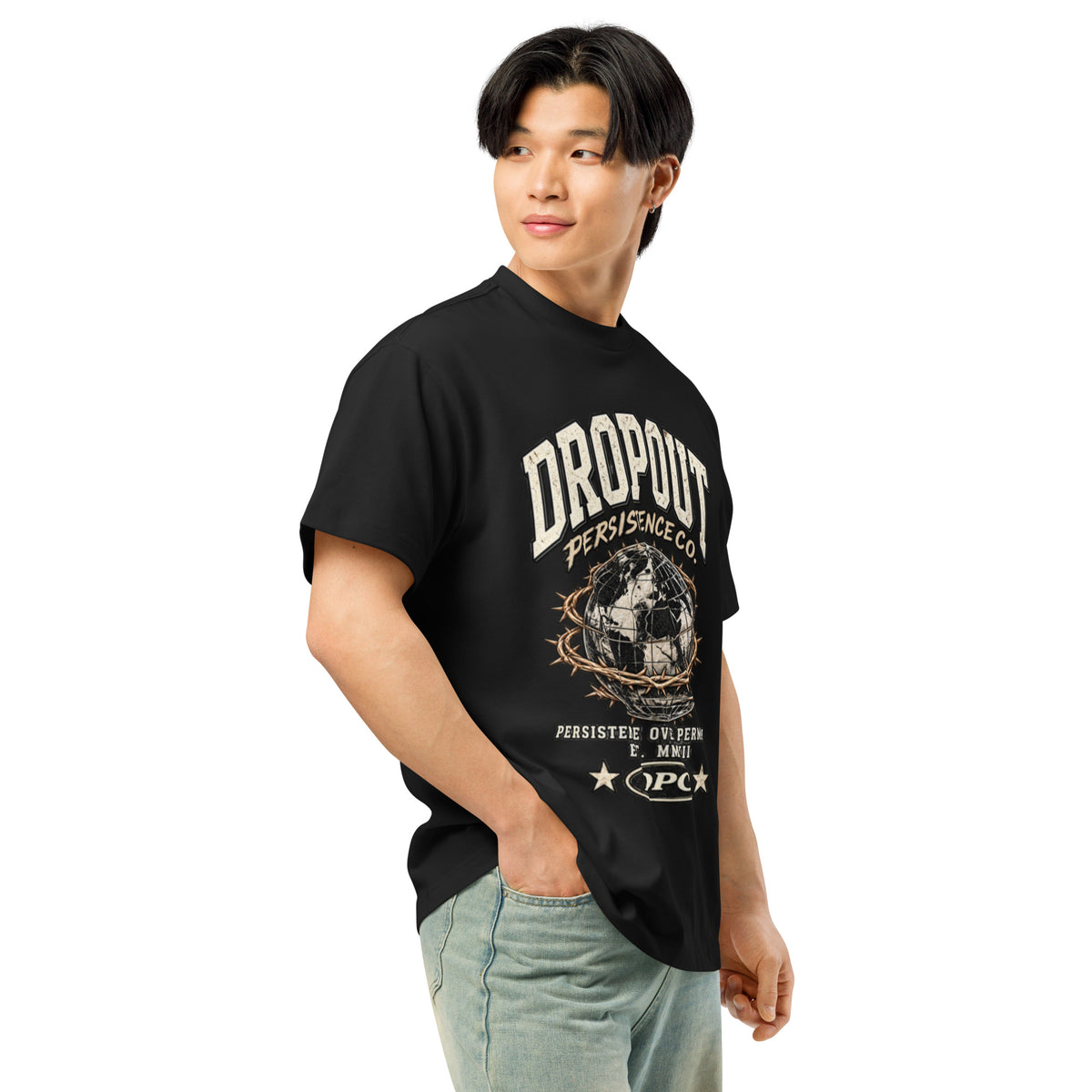 Black DPC Persistence Co. heavyweight oversized tee - right-front angle
