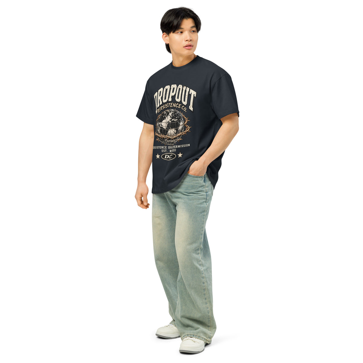 Navy Blazer DPC Persistence Co. heavyweight oversized tee - left-front angle