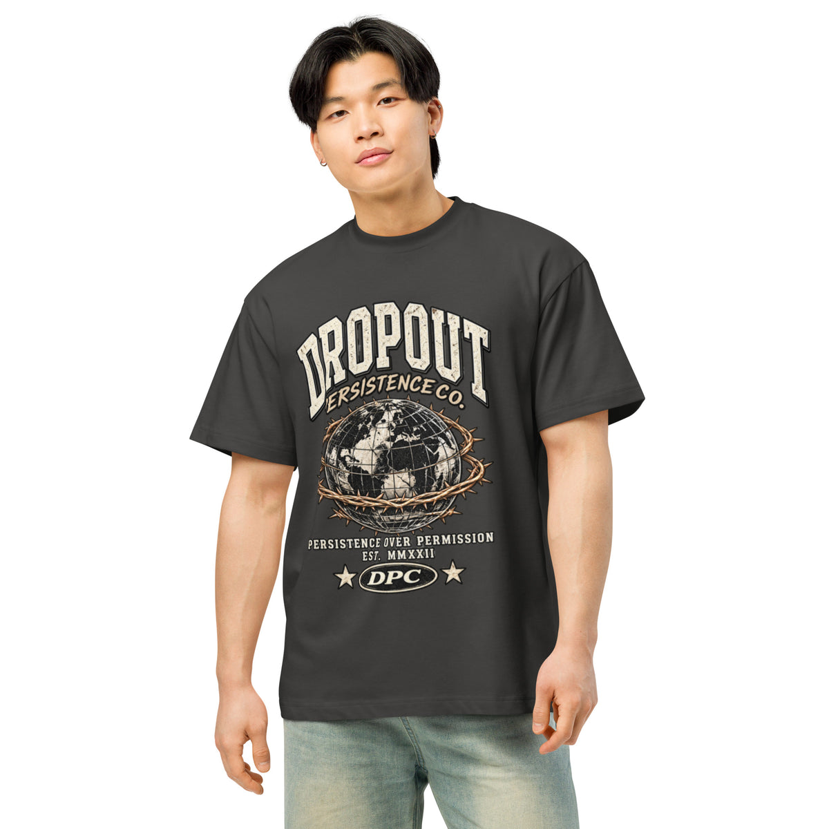 Vintage Black DPC Persistence Co. heavyweight oversized tee - front detail view