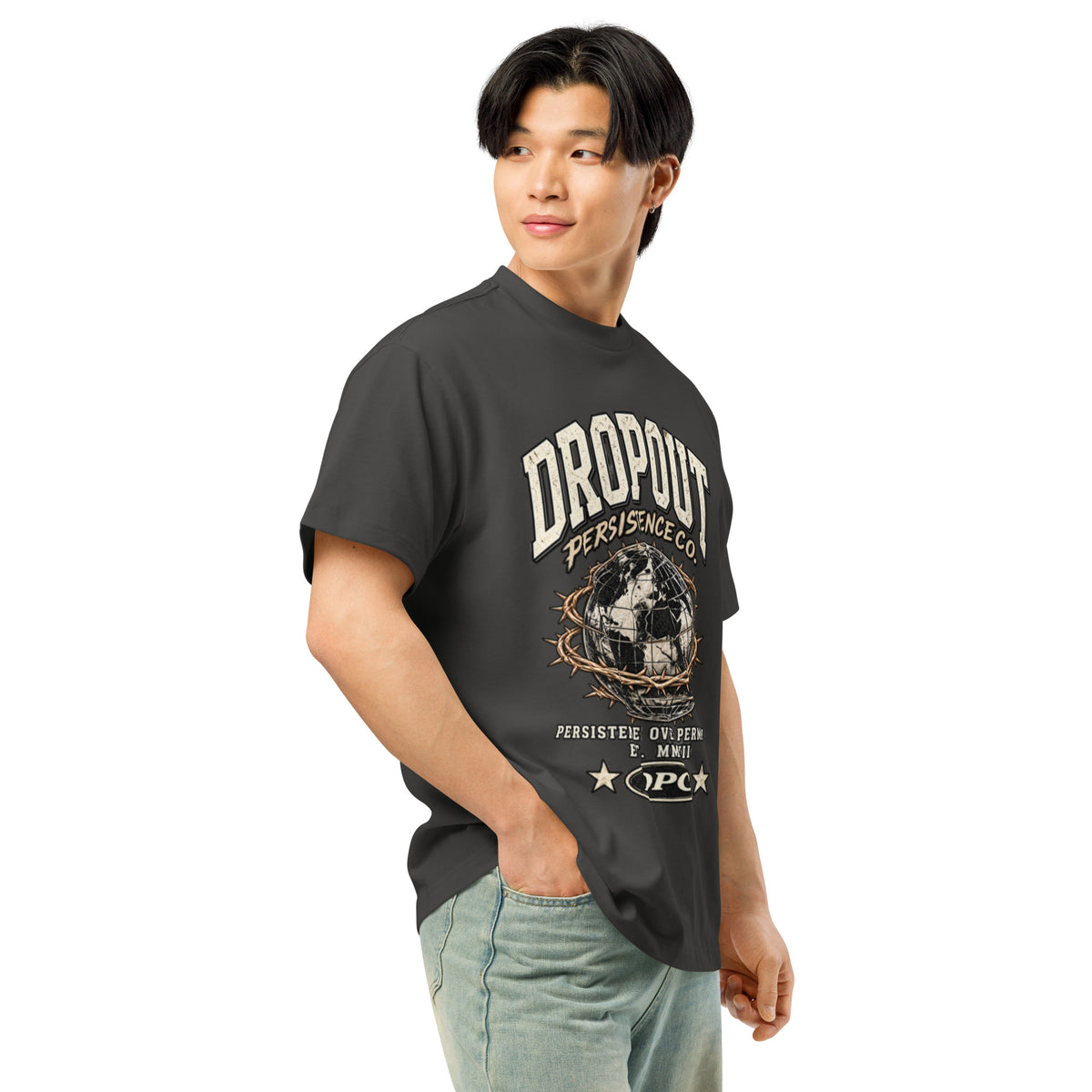 Vintage Black DPC Persistence Co. heavyweight oversized tee - right-front angle