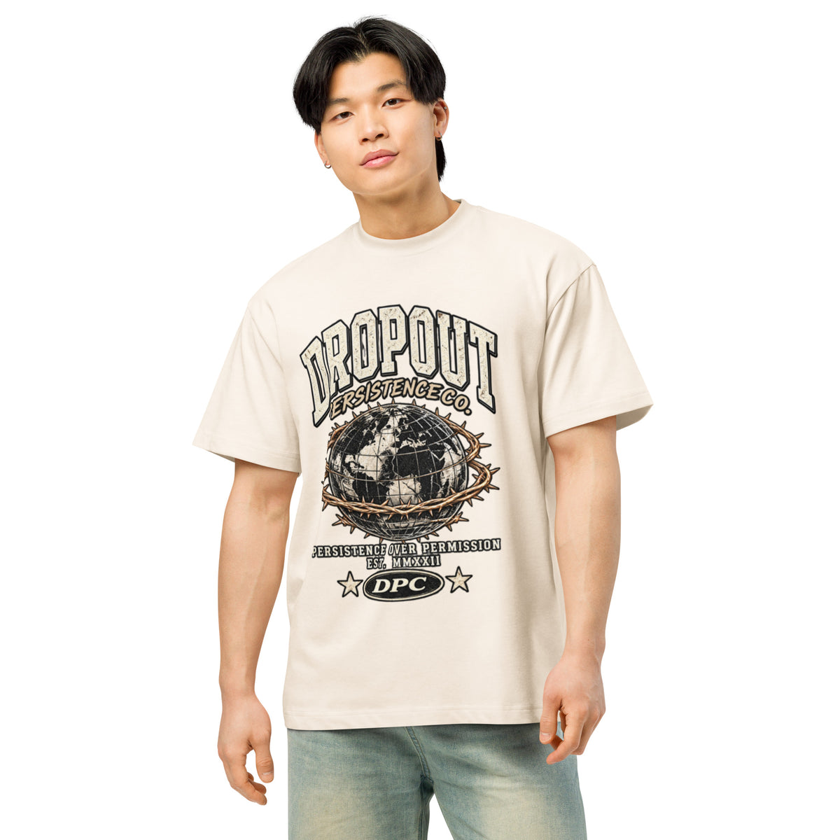 Vintage White DPC Persistence Co. heavyweight oversized tee - front detail view